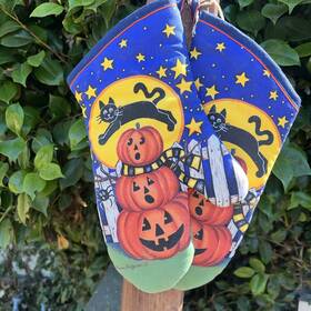 Cat 723886388054 Laurie Korsgaden Black Pumpkin Halloween Oven Mitt -pair Euc