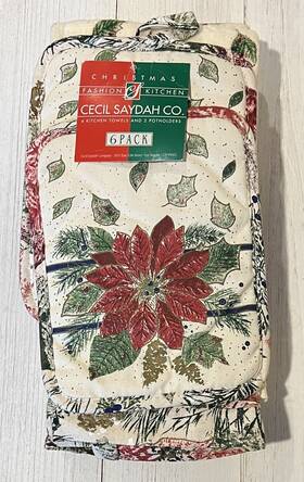 Ca90023 Cecil Saydah Company Vintage Christmas Poinsettia 2 Pot Holders 4 Kitchen Towels Nos
