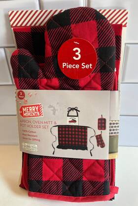 57630 Certified Oeko-tex New Merry Moments Christmas Apron Oven Mitt And Potholder Set Buffalo Plaid