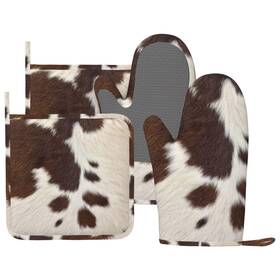 Mitts0826-7 Ceviolinre Cow Print Oven Mitts And Pot Holders Set Silicone Heat Resistant Brown Cowhid