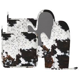 Mitts1113-4 Ceviolinre Cow Skin Print Oven Mitts And Pot Holders Set Silicone Black White