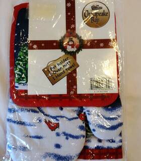 Chesapeake Bay 790876488056 Snowman Cardinals Christmas Pot Holder Oven Mitt Hand Towel Set