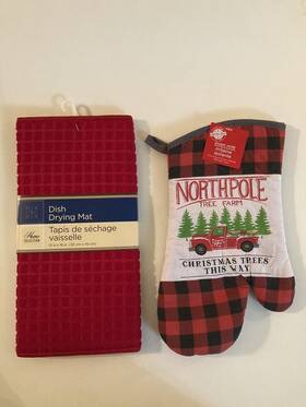 Christmas House 195464216828 Kitchen 2pc Dish Drying Mat Oven Mitt North Pole Plaid Checked Red Set