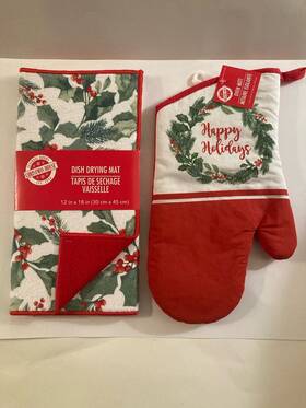Christmas House 195464726167 2 Pc Dish Drying Mat Kitchen Holly Oven Mitt Foliage Happy Holidays