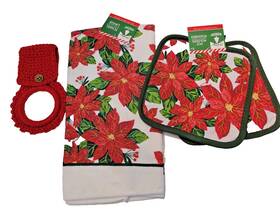 Christmas House 639277634214 Poinsettia Kitchen Set Towel Potholder Crochet Holder 4pc