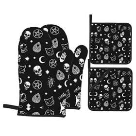 Cinlanck 662317658341 Halloween Goth Skull Oven Mitts And Pot Holders Heat Resistant Non-slip Potho