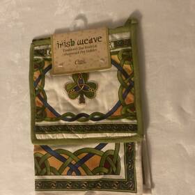 Clara Crafts 391462357395 New Irish Weave Emblems Tea Towel And Shamrock Pot Holder Set Celtic Claddah