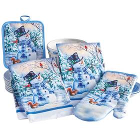 K3412-snowman Collections Etc 4-piece Oven Mitt Pot Holder And Hand Towels Snowman Kitchen Set