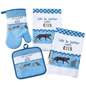 Kts401 Collections Etc 4-piece Cat Oven Mitt Pot Holder And Towels Kitchen Set