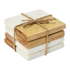 Creative Co-op 191009429395 Hand-carved Engraved Mango Wood Square Trivets For Dining Table Coaster Set