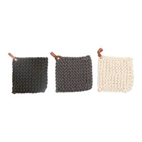 Creative Co-op 191009456087 Square Crochet Cotton Leather Loop Set Of 3 Colors Pot Holder
