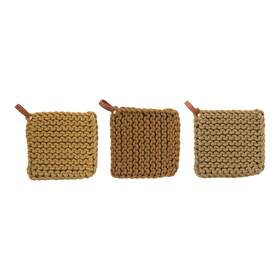 Creative Co-op 191009456094 Square Crochet Cotton Leather Loop Set Of 3 Colors Pot Holder Multicolored