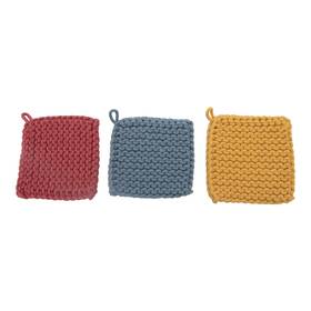 Creative Co-op 191009456117 Square Crochet Cotton Pot Holders With Leather Loop Set Of 3 Colors