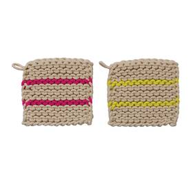 Creative Co-op 191009587989 Square Cotton Crocheted Neon Stripes Set Of 2 Styles Multicolor Pot Holder