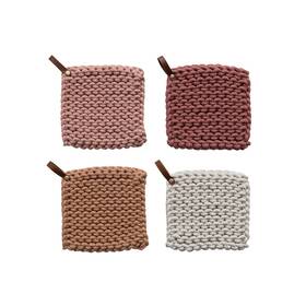 Creative Co-op 191009605348 8 Inches Square Solid Color Cotton Crocheted Pot Holder With Leather Loop Han