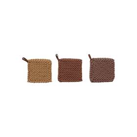 Creative Co-op 191009664246 Square Cotton Crocheted Pot Holder With Leather Loop Multicolor Set Of 3