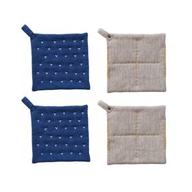 Creative Co-op 191009679097 Hand-embroidered Cotton Slub Pot Holder Blue And Grey Set Of 2