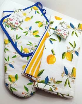 Creative Home 725835074674 4 Pc Lemon Pattern 2 Kitchen Towels Pot Holder And Oven Mitt Set