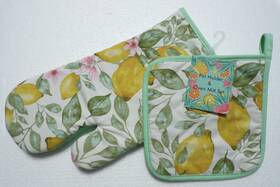 Sum-1468 Creative Home And Kitchen New Pot Holder Oven Mitt Matching Set 100% Cotton Unsused Yellow Lemon Green