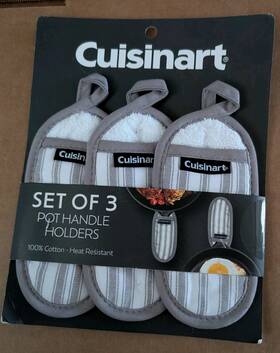 Cuisinart 042887786240 Pot Handle Holders Grey And White Stripe 100% Cotton Set Of 3. New. Mf