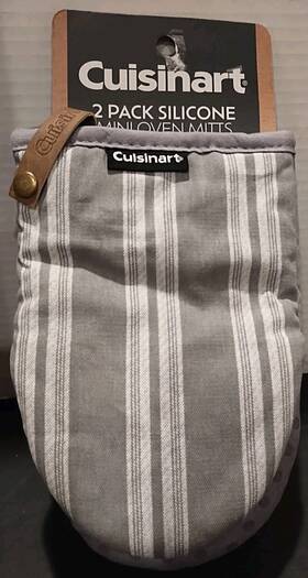 Cuisinart 042887812185 2 Pk Heat Resistant Mini Oven Gloves Gray And White Stripped Pattern