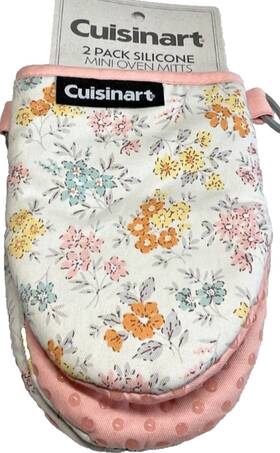 Cuisinart 042887888494 New Mini Oven Mitts 2 Orange Pink Blue Flowers 100% Cotton Silicone