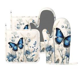 A063222 Dadabuliu Oven Mitts Pot Holders Silicone Kitchen Set 4 Butterfly Blue Flower Heat