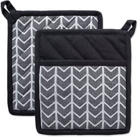 Dii 313096538525 Herringbone Kitchen Collection Pot Holder Set 8.5x8 Black And White 2 Piec