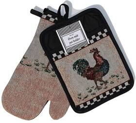 Dining Essentials 743598024132 Oven Mitt And Potholder Set Country Rooster Black Check Farmhouse