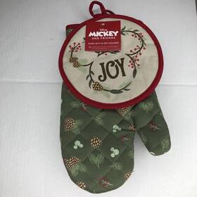 Disney 400510401807 S Mickey Mouse Holiday Joy Oven Mitt Potholder 2-piece Set Nwt Red Green