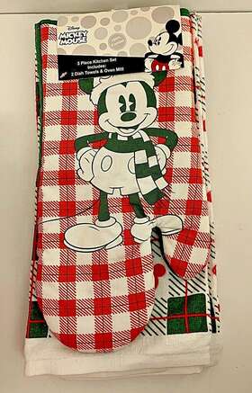 4014537 Disney Nwt Mickey Mouse Christmas Plaid 3 Pc Kitchen Set Dish Towels Oven Mitt