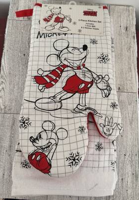Disney 766169225776 Mickey Mouse Christmas 3 Piece Kitchen Set 2 Towels And 1 Oven Mitt New
