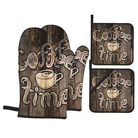 Donmyer 761488393045 Oven Mitts And Pot Holders Sets Of 4 Grunge Lettering Modern Coffee Time Cup Ret