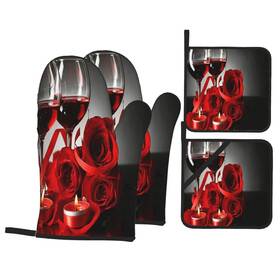 Donmyer 783430399882 Red Rose Wine Glass And Candle Oven Mitts Pot Holders Sets Of 4 Roses G