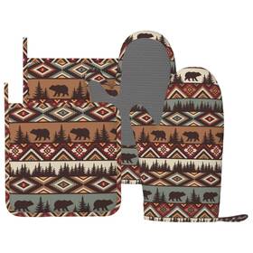 Donmyer-4pc-0705-11 Donmyer Vintage Rustic Bear Oven Mitts And Pot Holders 4 Pcs Set Silicone Mounta