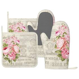 Donmyer-4pc-0705-16 Donmyer Rose Leaf Vintage Oven Mitts And Pot Holders 4 Pcs Set Silicone Flowers Elega