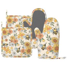 Donmyer-4pc-7 Donmyer Retro Flower Bee Honeycomb Oven Mitts And Pot Holders 4 Pcs Set Silicone Kitc