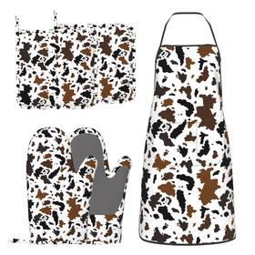 Donmyer-5pc-9 Donmyer Cow Print Oven Mitts And Pot Holders With Apron Set Of 5 Silicone Cowhide Bro