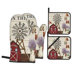 Potholder-9.22-437 Donmyer Oven Mitts And Pot Holders Sets Of 4 Farmhouse Windmill Barn House Lavend