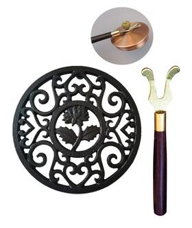Dorosun 767410667116 5.3 Inches Black Round Cast Iron Trivet Metal Teapot Base With Legs And Lid Hold