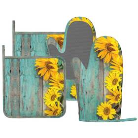 Dycbness-11.9-9 Dycbness Sunflower Teal Wood Oven Mitts 7.2x11in 8x8in