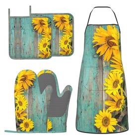 Dycbness-7.26-5-8 Dycbness Sunflower Teal Wood Oven Mitts And Pot Holders With Yellow