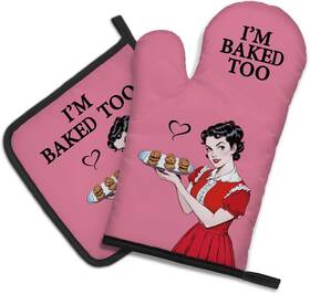 Cop008 Dyjybmy Iftm Baked Too Funny Oven Mitts And Pot Holder Set Retro Housewife Kitch