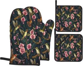 Dzglobal 313114332326 Hummingbird Flower Oven Mitts And Pot Holders Cute Heat Resistant Kitchen Set Mi