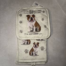 311-8 E&s Pets 3 Pcs Bulldog Kitchen Set Oven Mitt Pot Holder Towel. 420f Heat Resistant