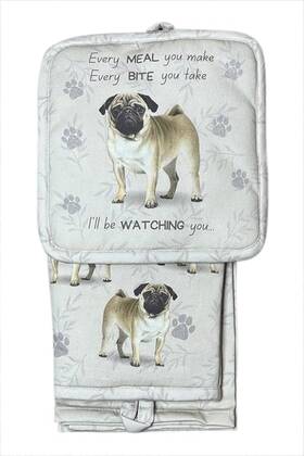 E&s Pets 810132305122 Pug 3-piece Kitchen Set - Oven Mitt Pot Holder And Towel Heat Resis