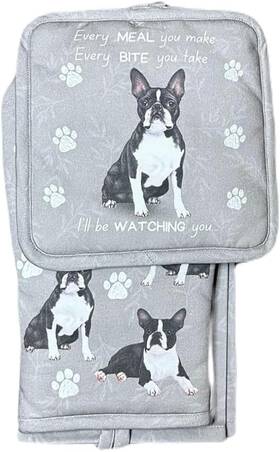 E&s Pets 810132305214 Boston Terrier 3-piece Kitchen Set - Oven Mitt Pot Holder Towel