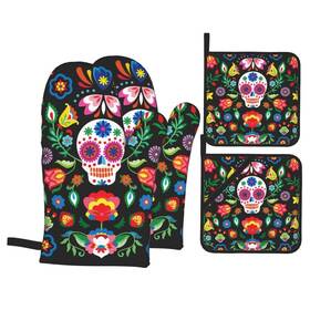 Echoserein 779745308445 Mexican Skull Skeleton Floral Oven Mitts And Pot Holders Set Of 4 Mitte