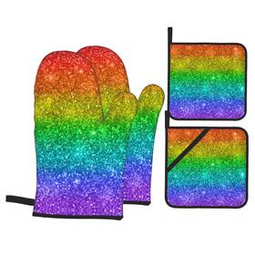 Entts-dl101-439456058 Echoserein Colorful Rainbow Glitter Oven Mitts And Pot Holders Set Of 4 Mittens An