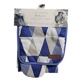 Eco One 839306053014 Ultimate Bakers Set Apron Pot Holder Oven Mitt Blue Diamond Print Nwt
